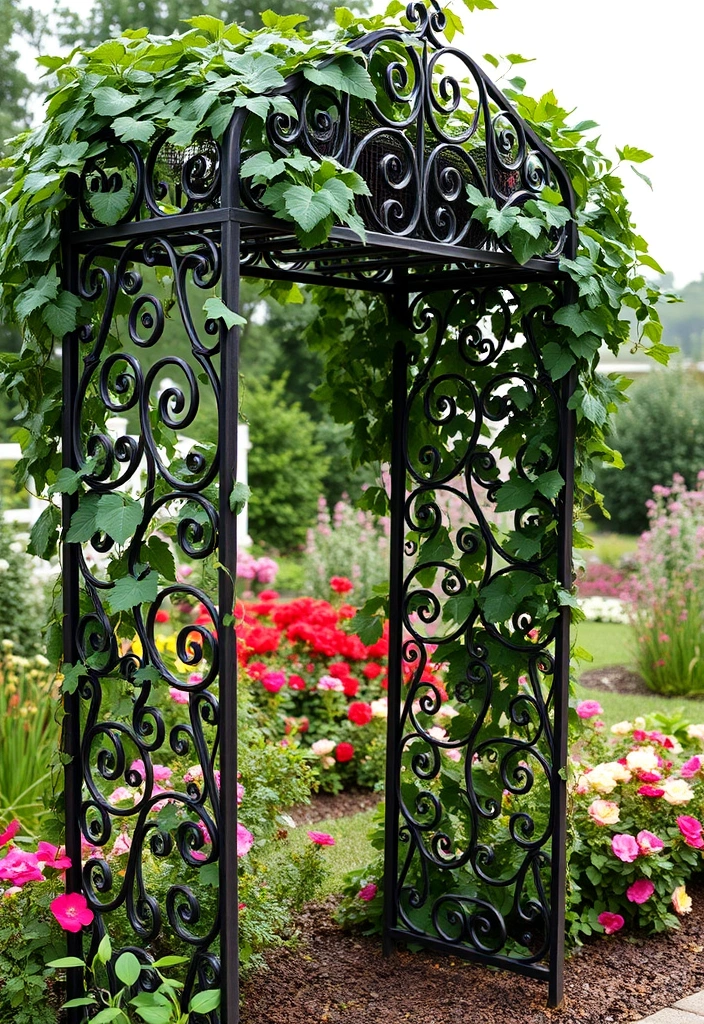 20 Grape Vine Trellis Ideas That Will Make Your Garden Stand Out! - 7. Vintage Wrought Iron Trellis