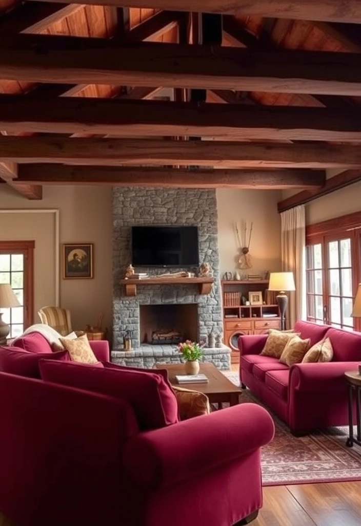 24 Burgundy Living Room Inspirations That Will Spark Your Creativity! - 11. Rustic Burgundy Decor