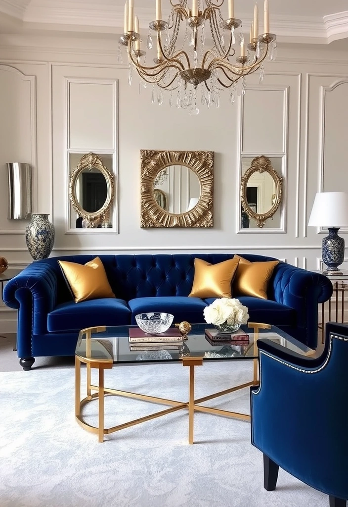 27 Stunning Blue Couch Living Room Ideas You’ll Want to Copy ASAP! - 7. Glamorous Touch