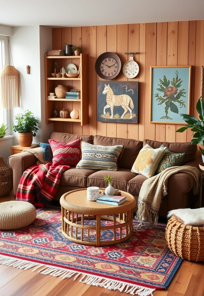 20 Brown Sofa Living Room Ideas That’ll Transform Your Space! - 5. Cozy Bohemian Vibes