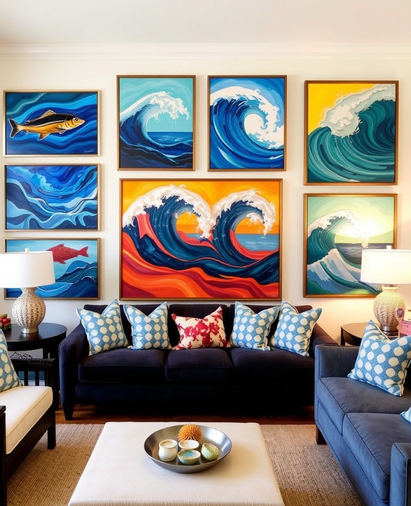 23 Blue and Green Living Room Ideas That'll Transform Your Space into a Coastal Paradise! - 25. Vibrant Ocean Art