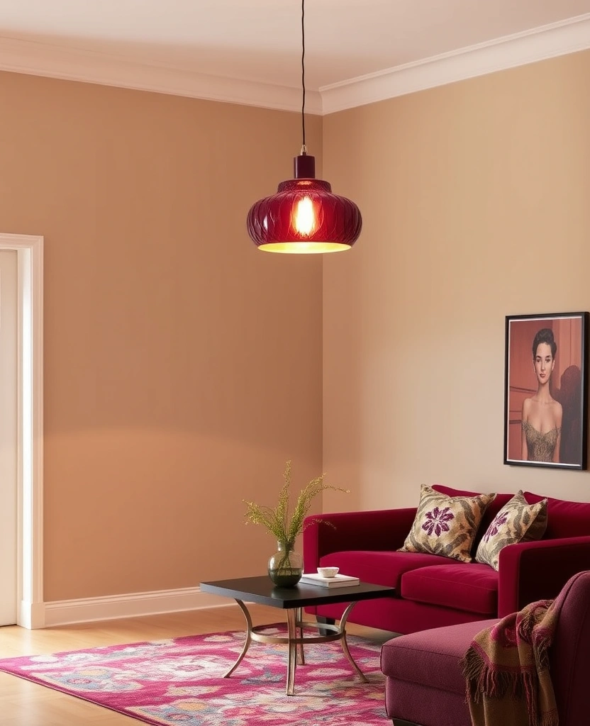 24 Burgundy Living Room Inspirations That Will Spark Your Creativity! - 16. Brighten Up with Burgundy Lighting