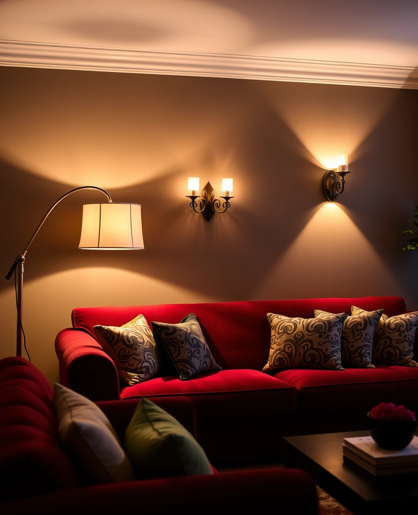 24 Burgundy Living Room Inspirations That Will Spark Your Creativity! - 22. Layered Lighting with Burgundy