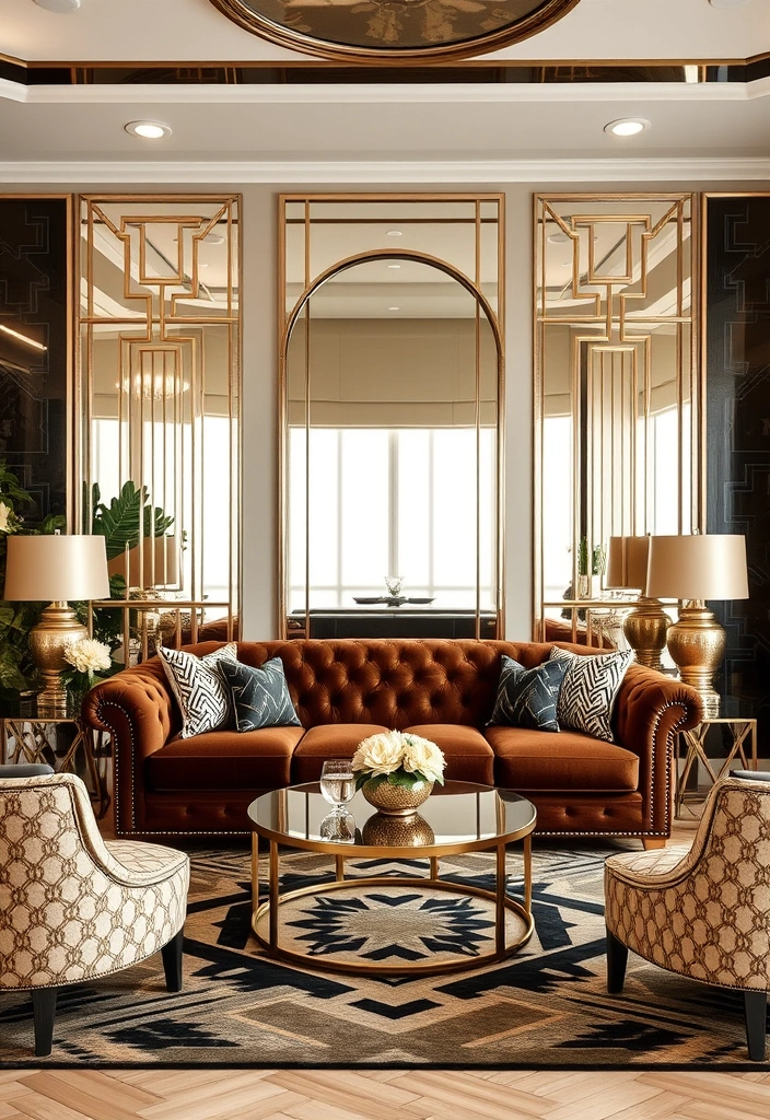 20 Brown Sofa Living Room Ideas That’ll Transform Your Space! - 8. Art Deco Inspiration