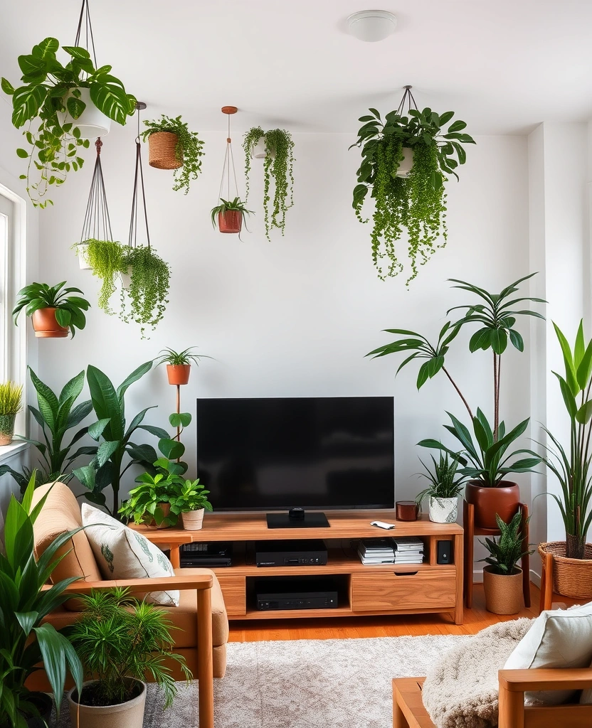 27 Modern TV Room Ideas That'll Transform Your Viewing Experience Forever! - 28. Urban Jungle