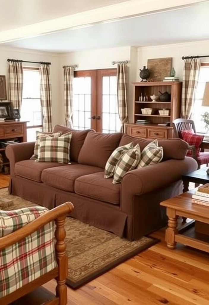 20 Brown Sofa Living Room Ideas That’ll Transform Your Space! - 7. Farmhouse Feel