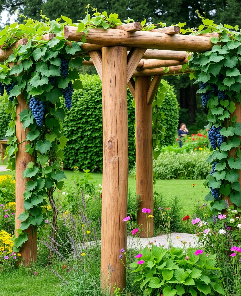 20 Grape Vine Trellis Ideas That Will Make Your Garden Stand Out! - 25. Rustic Log Trellis