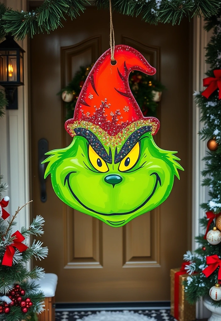 23 DIY Grinch Decorations That'll Make Your Holiday Season Merry and Bright! - 7. Grinch Door Hanger