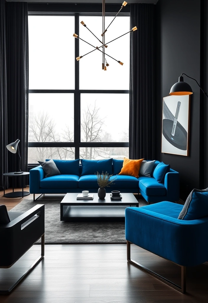 27 Stunning Blue Couch Living Room Ideas You’ll Want to Copy ASAP! - 12. Contemporary Contrast