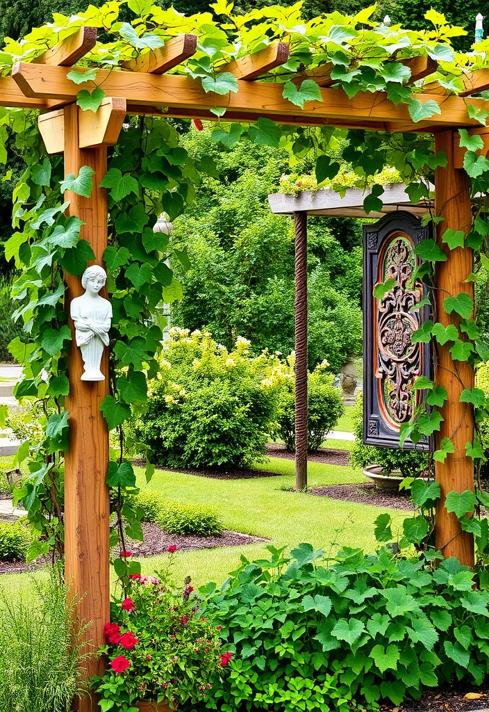 20 Grape Vine Trellis Ideas That Will Make Your Garden Stand Out! - 19. Trellis with Garden Art